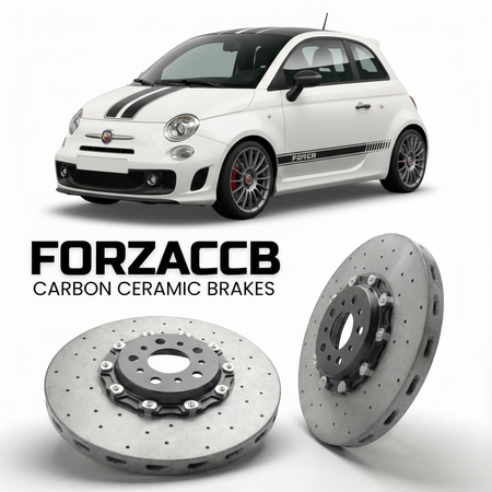 ForzaCCB direct OEM replacement carbon ceramic brake rotors for 2008 to 2015 Abarth 500 models, shown with a white Abarth 500 car.