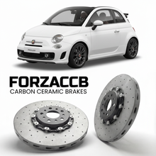 ForzaCCB direct OEM replacement carbon ceramic brake rotors for 2010 to 2014 Abarth 500 Abarth 500C models, shown with a white Abarth 500 car.