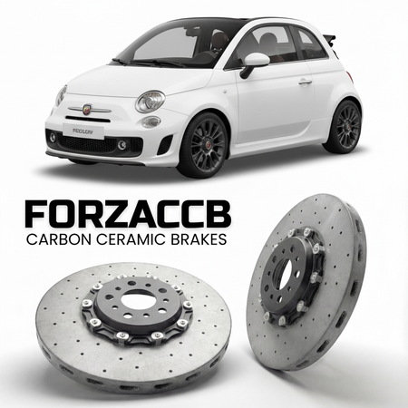 ForzaCCB direct OEM replacement carbon ceramic brake rotors for 2010 to 2014 Abarth 500 Abarth 500C models, shown with a white Abarth 500 car.