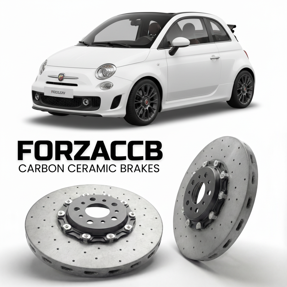 ForzaCCB direct OEM replacement carbon ceramic brake rotors for 2010 to 2014 Abarth 500 Abarth 500C models, shown with a white Abarth 500 car.