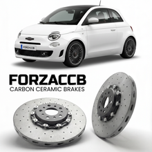 ForzaCCB direct OEM replacement carbon ceramic brake rotors for 2023 and newer Abarth 500 Abarth 500e models, shown with a white Abarth 500 car.