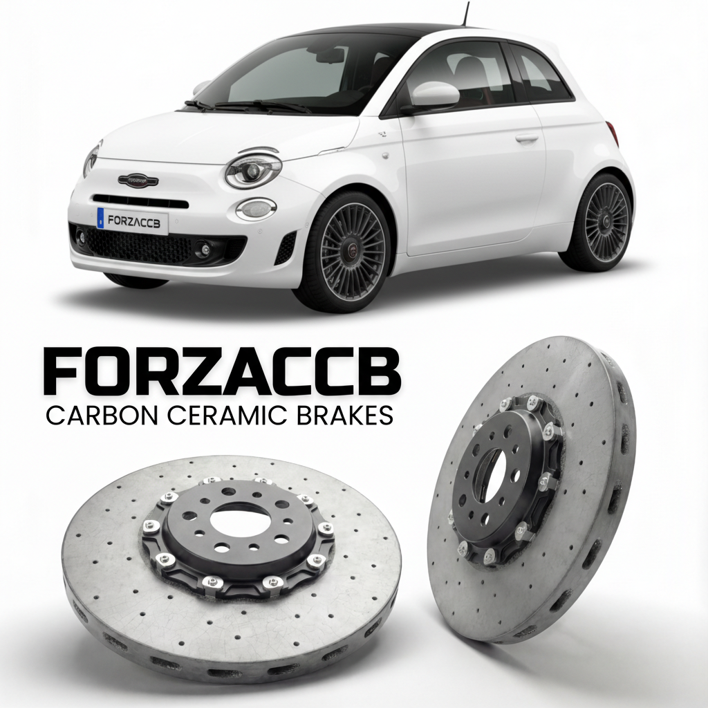 ForzaCCB direct OEM replacement carbon ceramic brake rotors for 2023 and newer Abarth 500 Abarth 500e models, shown with a white Abarth 500 car.