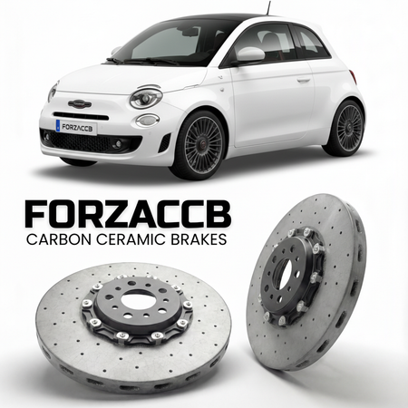 ForzaCCB direct OEM replacement carbon ceramic brake rotors for 2023 and newer Abarth 500 Abarth 500e models, shown with a white Abarth 500 car.