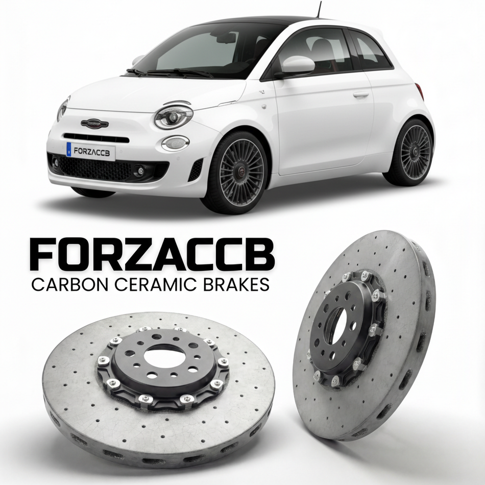 ForzaCCB direct OEM replacement carbon ceramic brake rotors for 2023 and newer Abarth 500 Abarth 500e models, shown with a white Abarth 500 car.