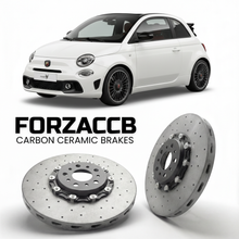 ForzaCCB direct OEM replacement carbon ceramic brake rotors for 2023 and newer Abarth 500 Abarth 500e Cabriolet models, shown with a white Abarth 500 car.