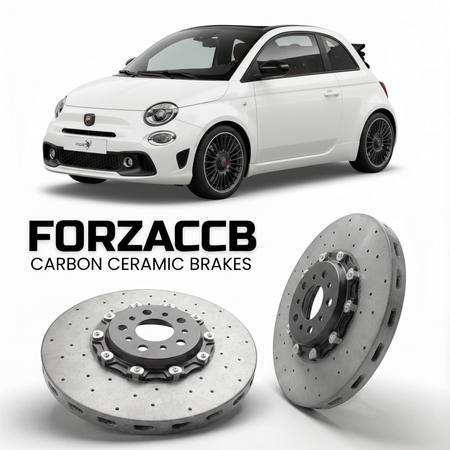 ForzaCCB direct OEM replacement carbon ceramic brake rotors for 2023 and newer Abarth 500 Abarth 500e Cabriolet models, shown with a white Abarth 500 car.