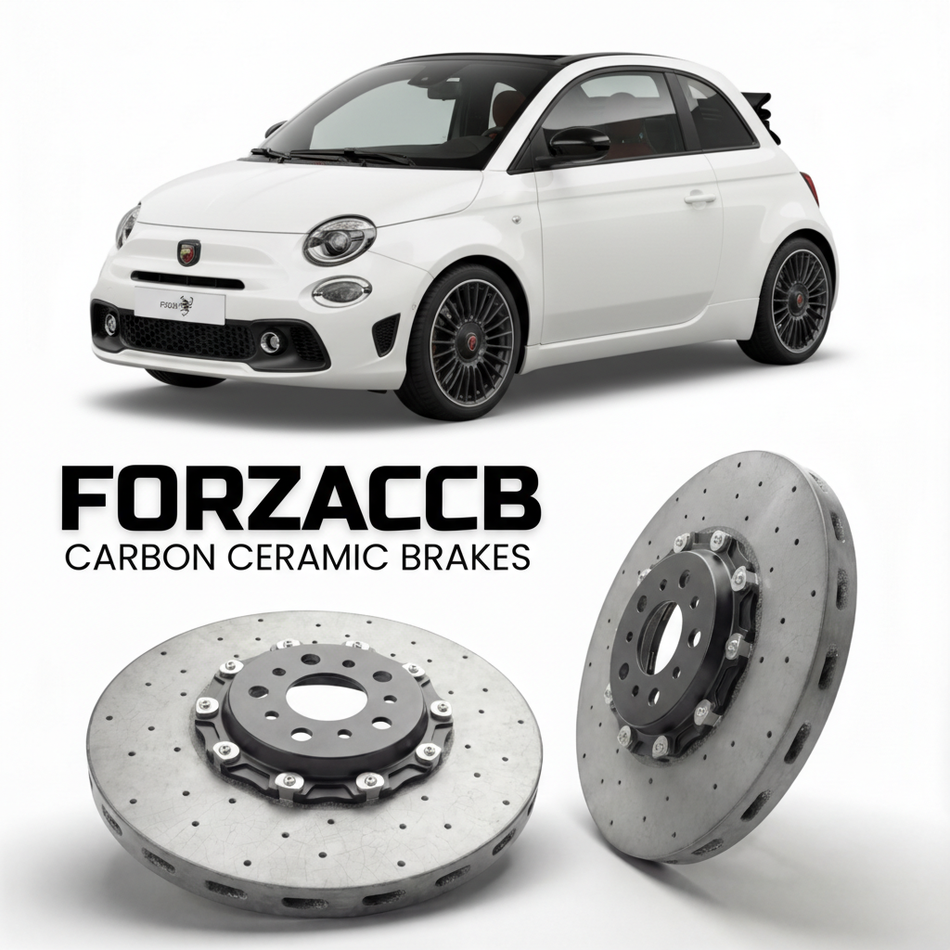 ForzaCCB direct OEM replacement carbon ceramic brake rotors for 2023 and newer Abarth 500 Abarth 500e Cabriolet models, shown with a white Abarth 500 car.