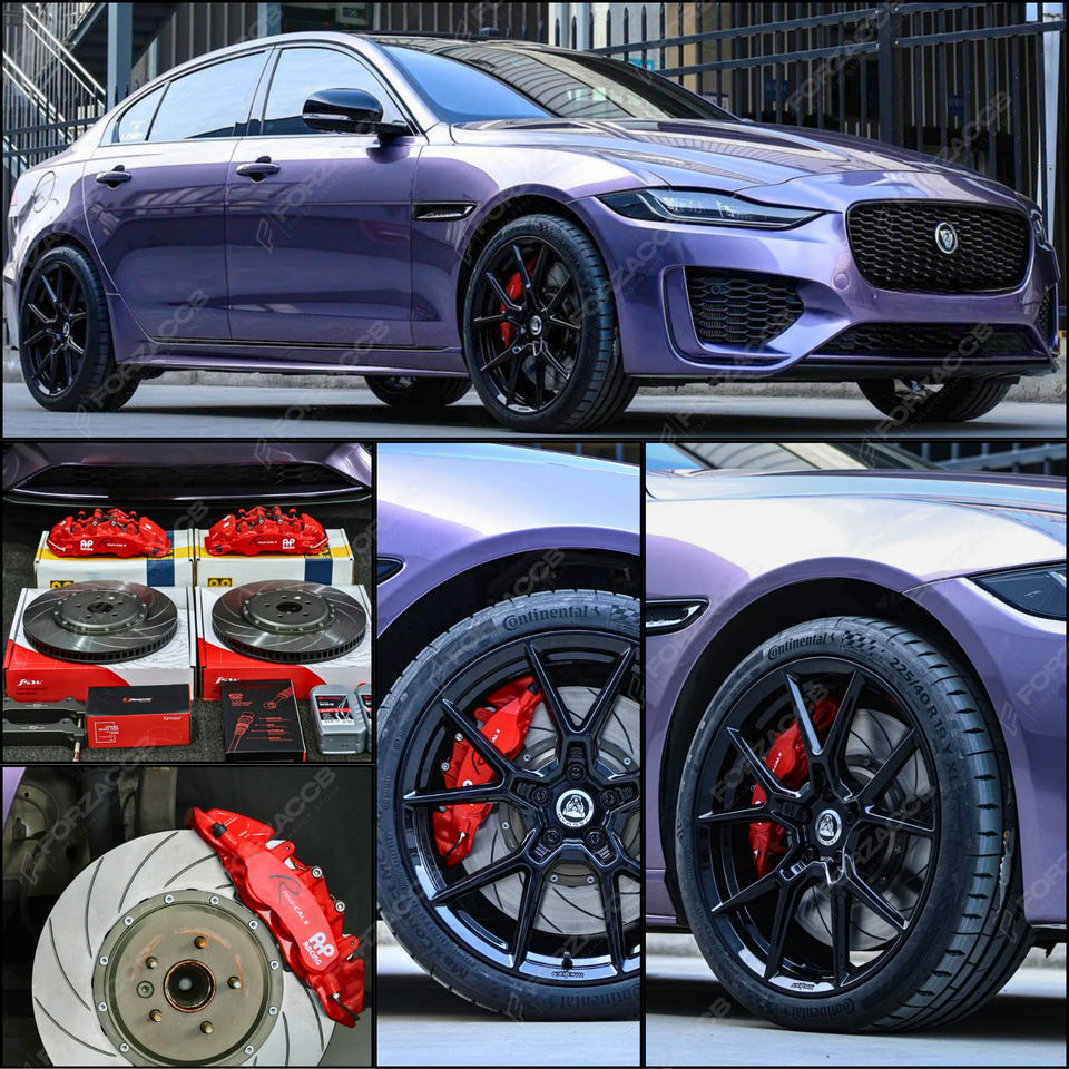 Collage of a purple Jaguar XE X760 (2020) with AP Racing front big brake kit.