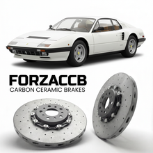 ForzaCCB direct OEM replacement carbon ceramic brake rotors for 1976 to 1981 Ferrari 512 BB models, shown with a white Ferrari 512 BB car.