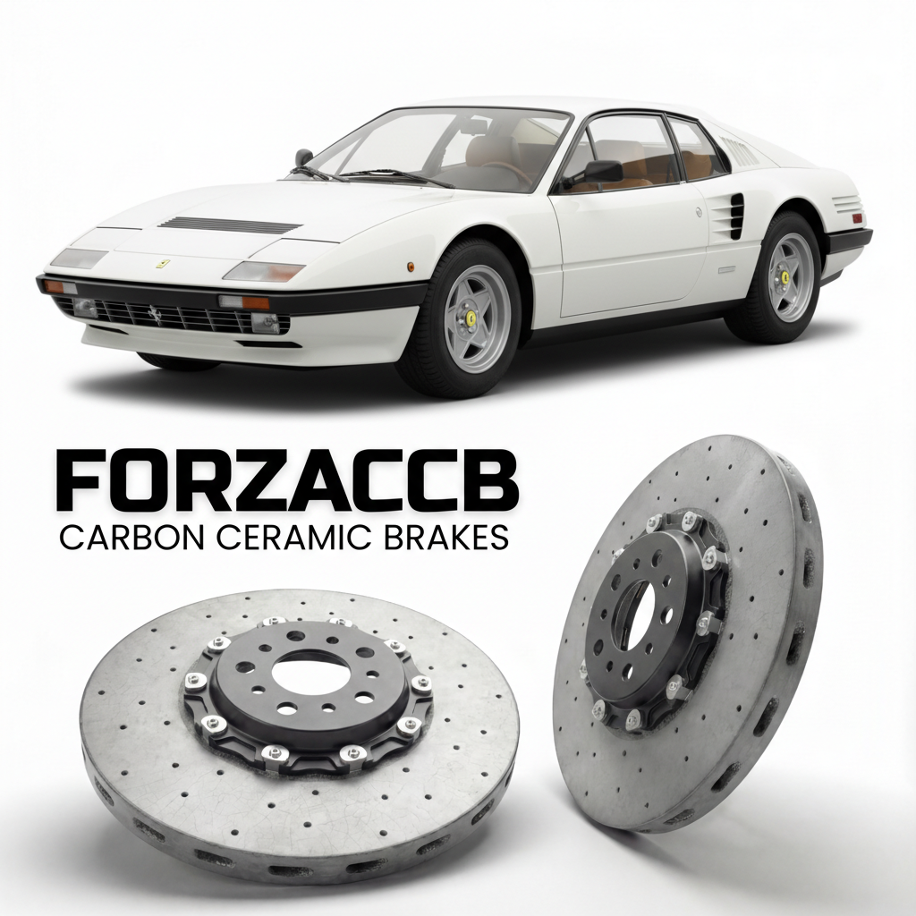 ForzaCCB direct OEM replacement carbon ceramic brake rotors for 1976 to 1981 Ferrari 512 BB models, shown with a white Ferrari 512 BB car.