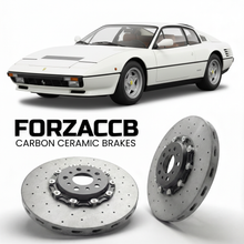 ForzaCCB direct OEM replacement carbon ceramic brake rotors for 1981 to 1984 Ferrari 512 BBi models, shown with a white Ferrari 512 BBi car.
