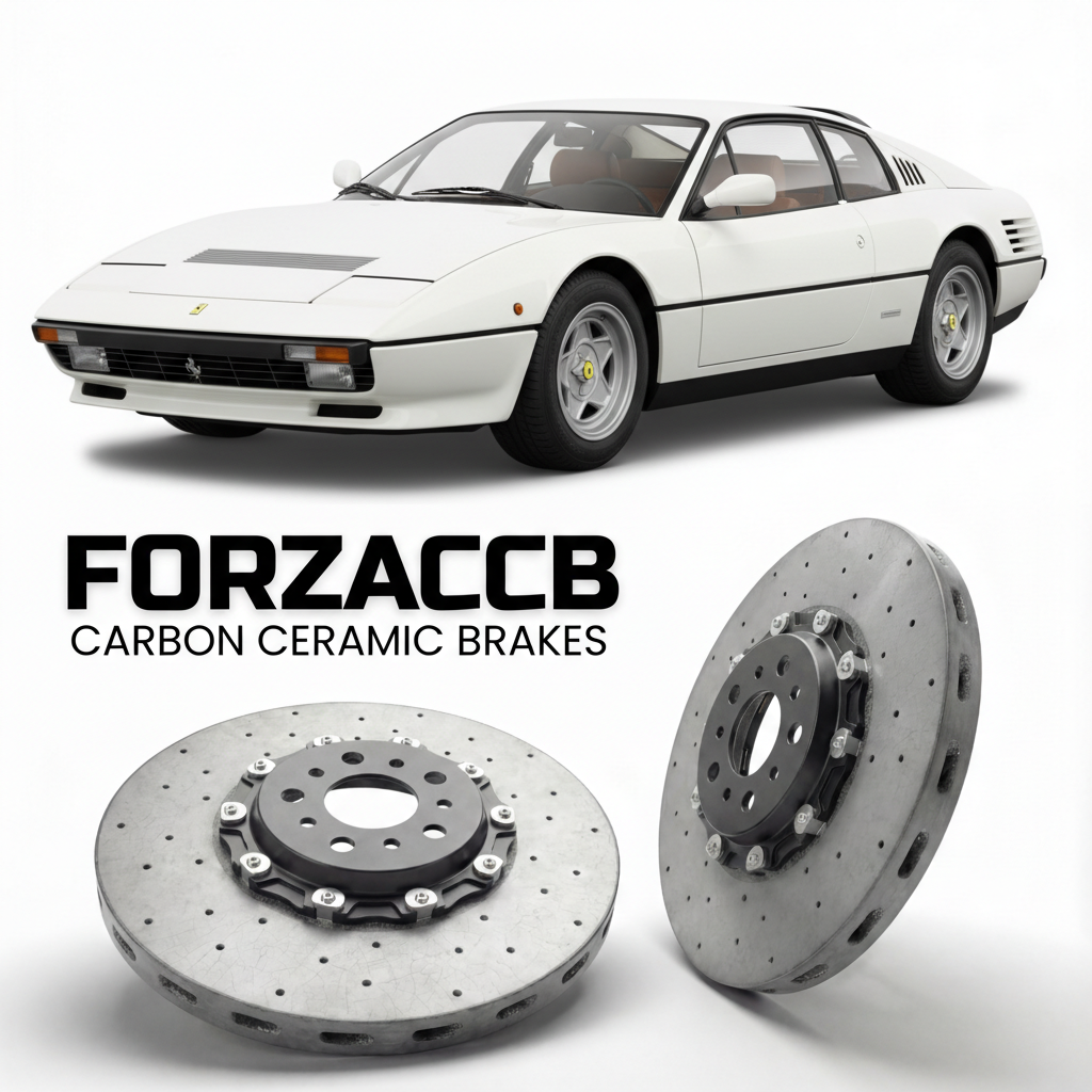 ForzaCCB direct OEM replacement carbon ceramic brake rotors for 1981 to 1984 Ferrari 512 BBi models, shown with a white Ferrari 512 BBi car.