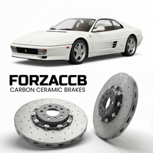 ForzaCCB direct OEM replacement carbon ceramic brake rotors for 1992 to 1994 Ferrari 512 TR models, shown with a white Ferrari 512 TR car.