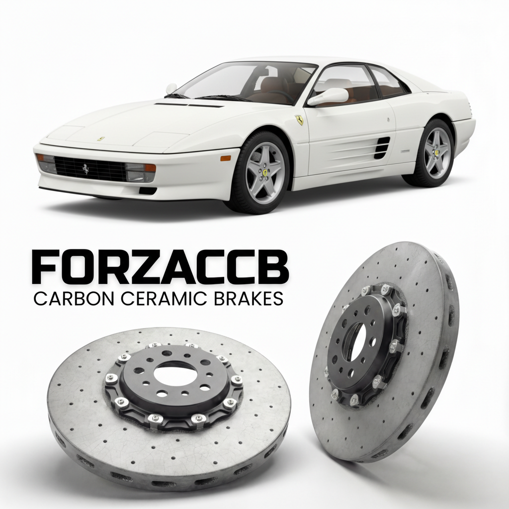 ForzaCCB direct OEM replacement carbon ceramic brake rotors for 1992 to 1994 Ferrari 512 TR models, shown with a white Ferrari 512 TR car.