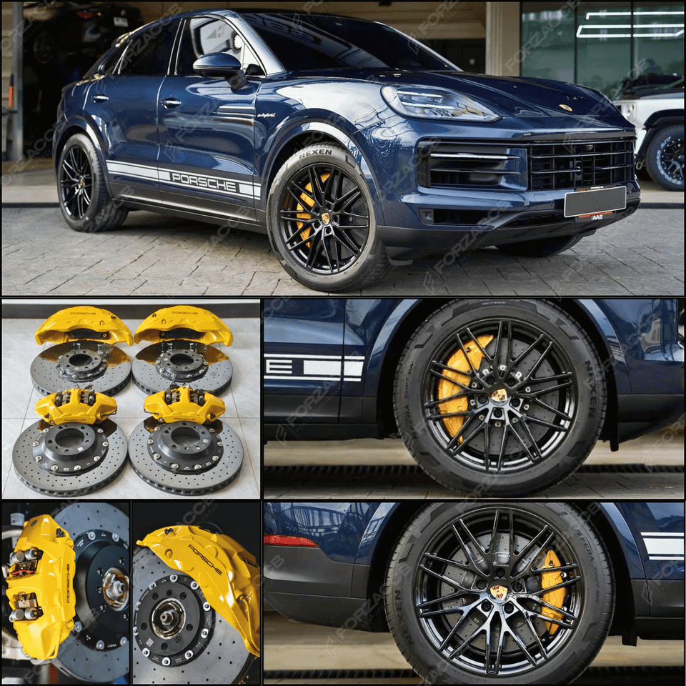 Collage of a blue Porsche Cayenne E3 (2023) with complete aftermarket PCCB parts displayed.
