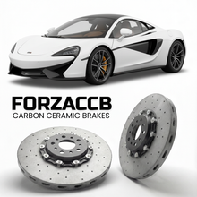ForzaCCB direct OEM replacement carbon ceramic brake rotors for 2015 to 2020 McLaren 540C P13 models, shown with a white McLaren 540C car.