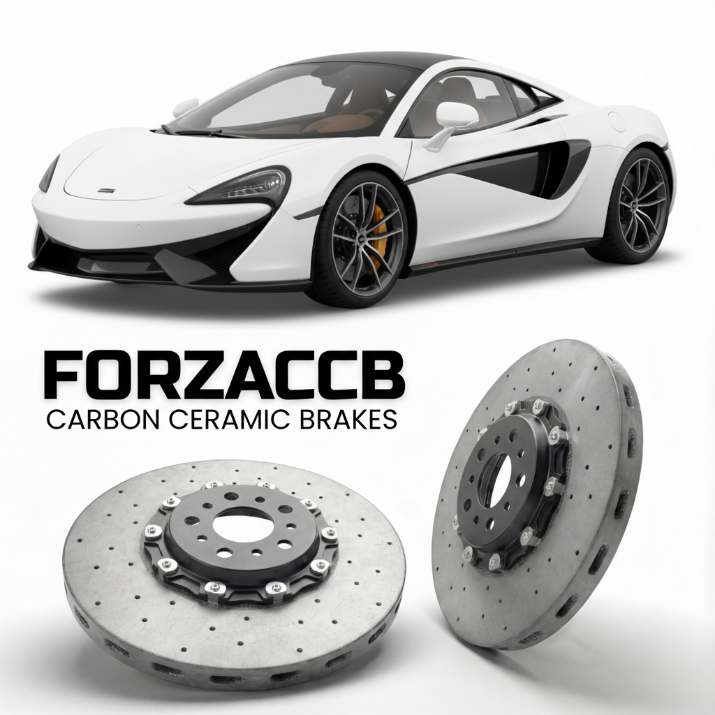 ForzaCCB direct OEM replacement carbon ceramic brake rotors for 2015 to 2020 McLaren 540C P13 models, shown with a white McLaren 540C car.