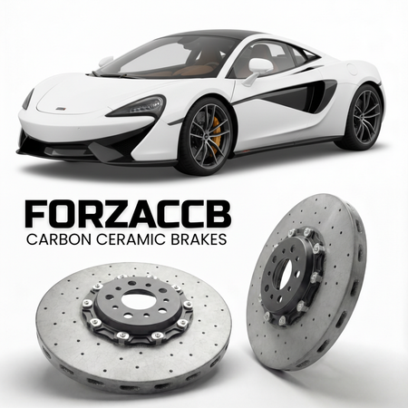 ForzaCCB direct OEM replacement carbon ceramic brake rotors for 2015 to 2020 McLaren 540C P13 models, shown with a white McLaren 540C car.