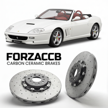 ForzaCCB direct OEM replacement carbon ceramic brake rotors for 2001 Ferrari 550 Barchetta Pininfarina models, shown with a white Ferrari 550 Barchetta Pininfarina car.