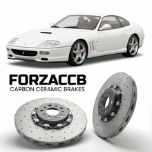 ForzaCCB direct OEM replacement carbon ceramic brake rotors for 1996 to 2001 Ferrari 550 Maranello models, shown with a white Ferrari 550 Maranello car.