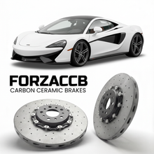 ForzaCCB direct OEM replacement carbon ceramic brake rotors for 2016 to 2021 McLaren 570GT P13 models, shown with a white McLaren 570GT car.