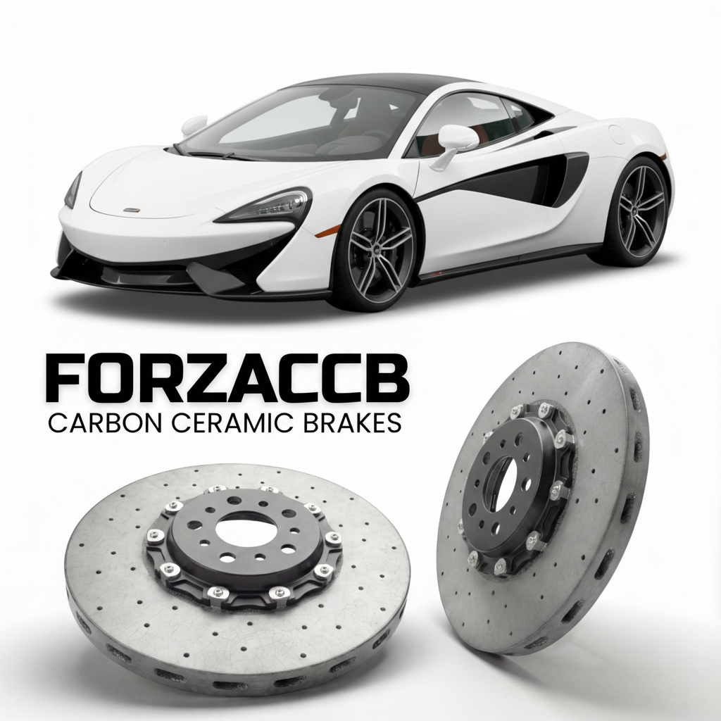 ForzaCCB direct OEM replacement carbon ceramic brake rotors for 2016 to 2021 McLaren 570GT P13 models, shown with a white McLaren 570GT car.