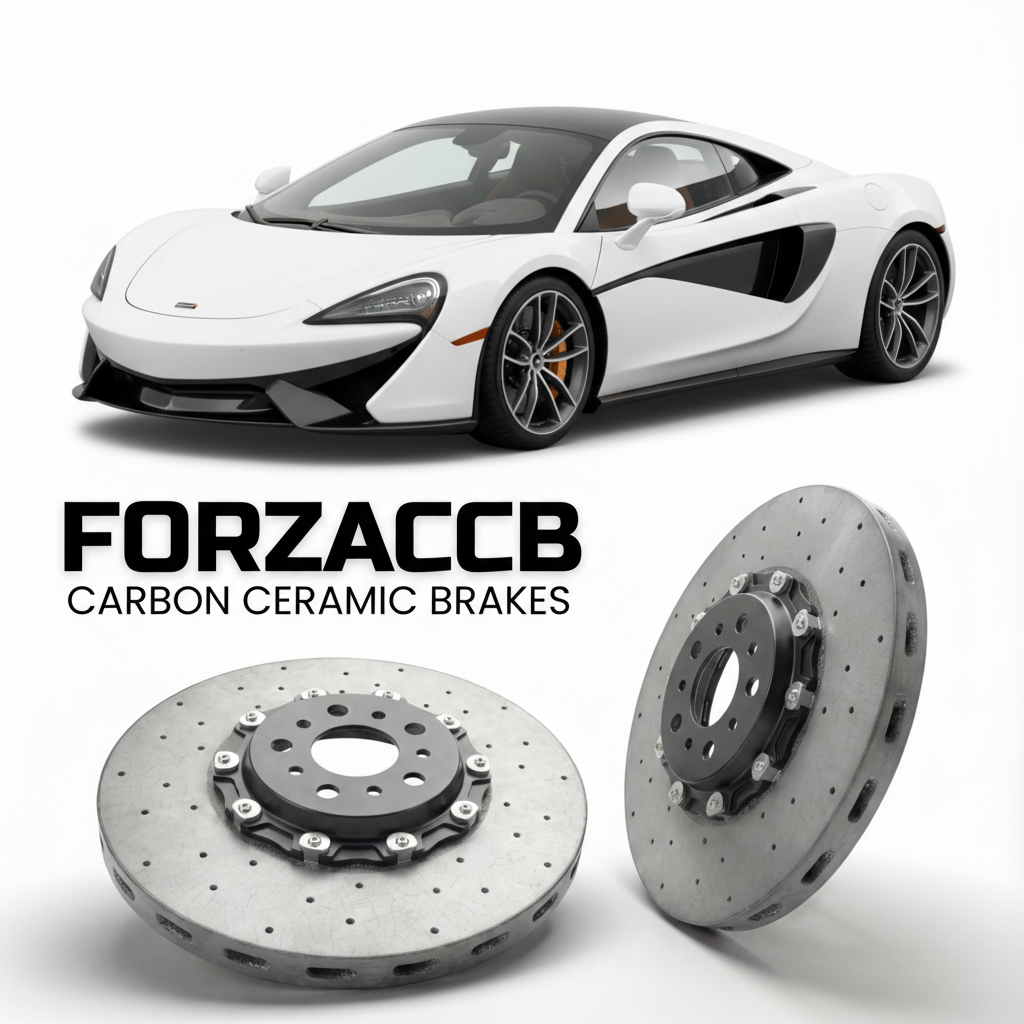 ForzaCCB direct OEM replacement carbon ceramic brake rotors for 2019 to 2021 McLaren 570GT P13 models, shown with a white McLaren 570GT car.