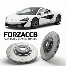 ForzaCCB direct OEM replacement carbon ceramic brake rotors for 2019 to 2021 McLaren 570GT P13 models, shown with a white McLaren 570GT car.