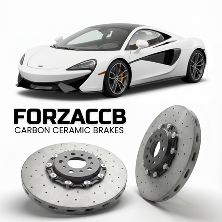ForzaCCB direct OEM replacement carbon ceramic brake rotors for 2019 to 2021 McLaren 570GT P13 models, shown with a white McLaren 570GT car.