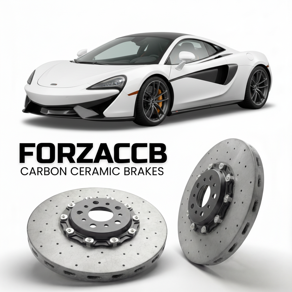 ForzaCCB direct OEM replacement carbon ceramic brake rotors for 2015 to 2021 McLaren 570S P13 models, shown with a white McLaren 570S car.