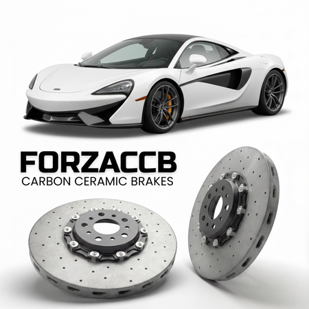 ForzaCCB direct OEM replacement carbon ceramic brake rotors for 2015 to 2021 McLaren 570S P13 models, shown with a white McLaren 570S car.