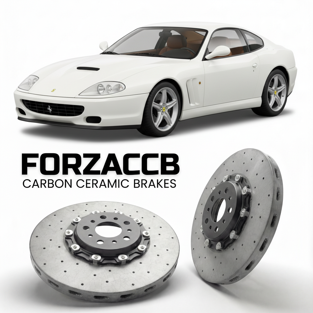 ForzaCCB direct OEM replacement carbon ceramic brake rotors for 2002 to 2006 Ferrari 575M Maranello models, shown with a white Ferrari 575M Maranello car.