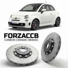 ForzaCCB direct OEM replacement carbon ceramic brake rotors for 2012 to 2016 Abarth 595 models, shown with a white Abarth 595 car.