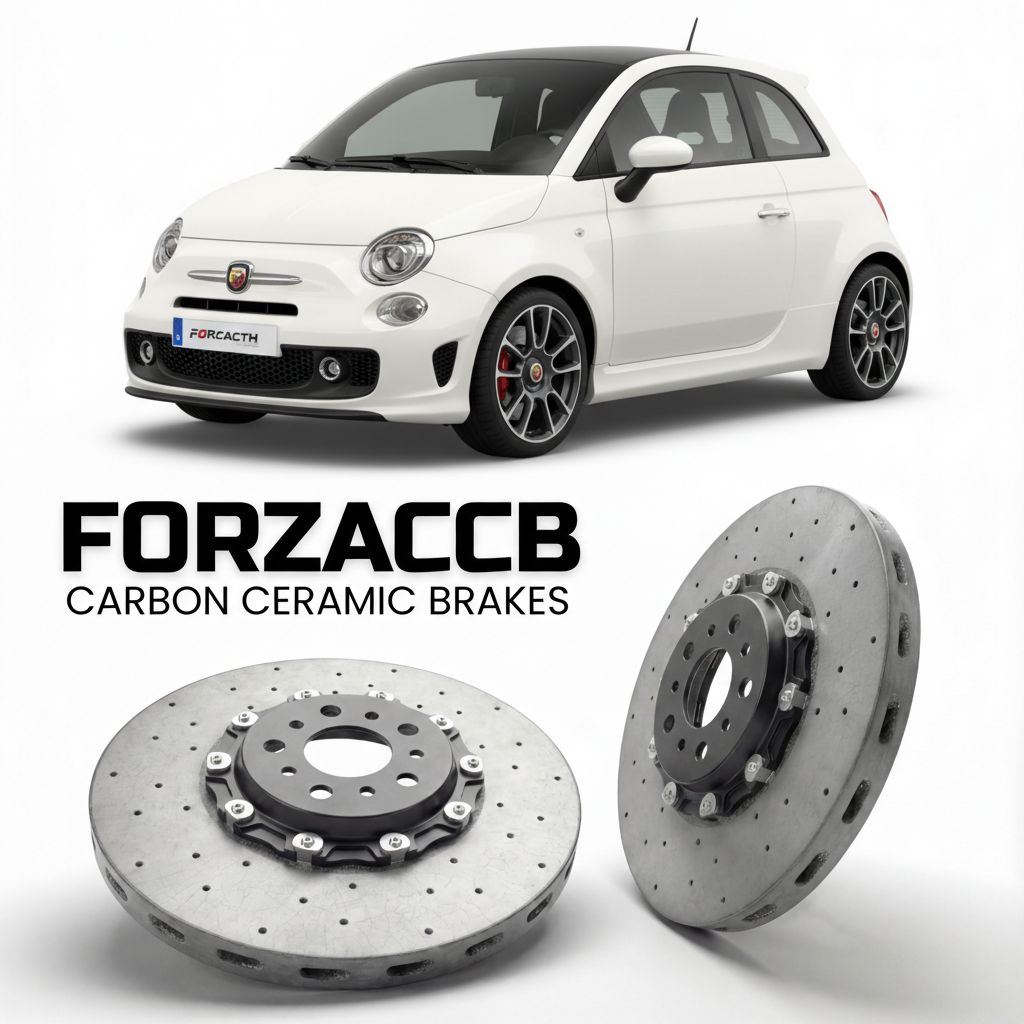 ForzaCCB direct OEM replacement carbon ceramic brake rotors for 2012 to 2016 Abarth 595 models, shown with a white Abarth 595 car.