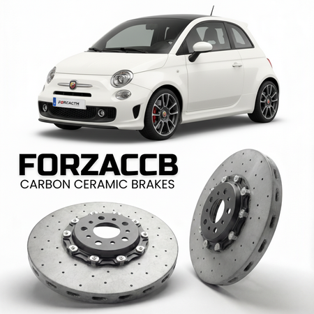 ForzaCCB direct OEM replacement carbon ceramic brake rotors for 2012 to 2016 Abarth 595 models, shown with a white Abarth 595 car.