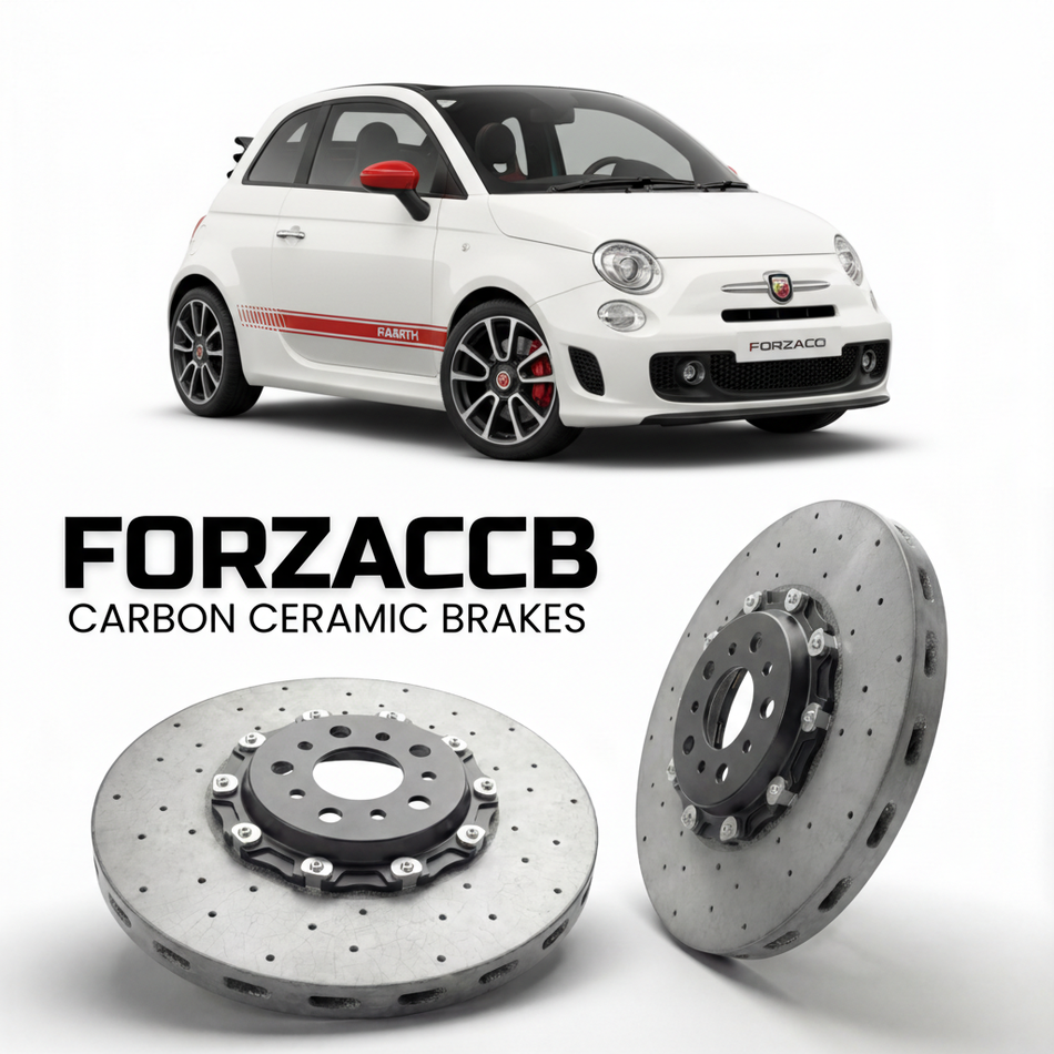 ForzaCCB direct OEM replacement carbon ceramic brake rotors for 2012 to 2016 Abarth 595 Abarth 595C models, shown with a white Abarth 595 car.