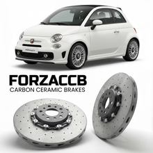 ForzaCCB direct OEM replacement carbon ceramic brake rotors for 2016+) Abarth 595 Abarth 595C (facelift 2016 models, shown with a white Abarth 595 car.