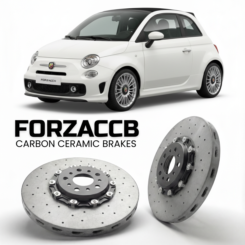 ForzaCCB direct OEM replacement carbon ceramic brake rotors for 2016+) Abarth 595 Abarth 595C (facelift 2016 models, shown with a white Abarth 595 car.