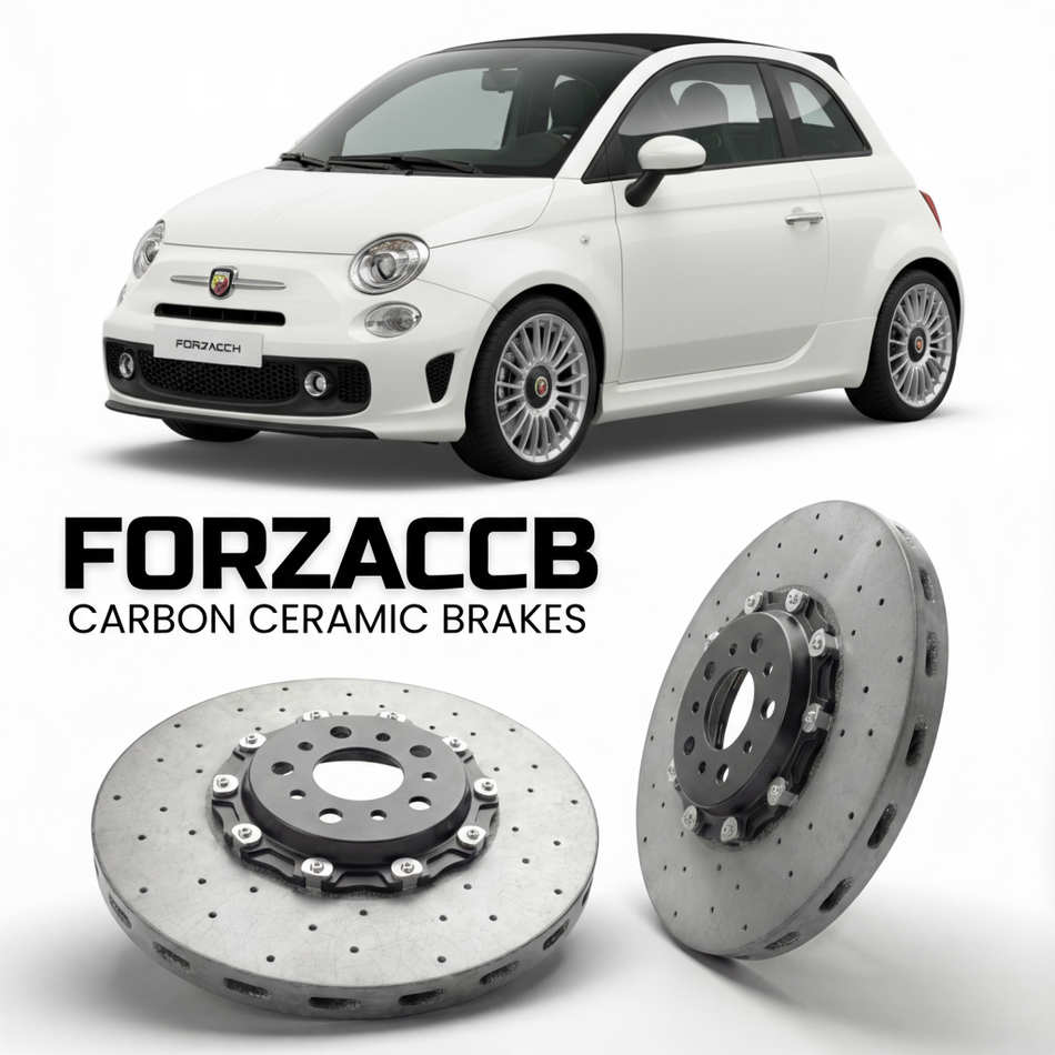 ForzaCCB direct OEM replacement carbon ceramic brake rotors for 2016+) Abarth 595 Abarth 595C (facelift 2016 models, shown with a white Abarth 595 car.