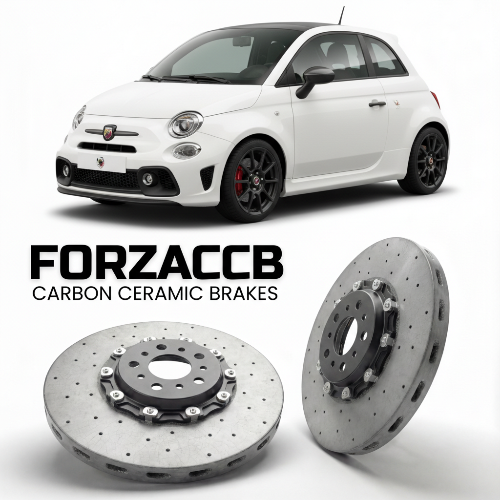 ForzaCCB direct OEM replacement carbon ceramic brake rotors for 2016 and newer Abarth 595 facelift 2016 models, shown with a white Abarth 595 car.
