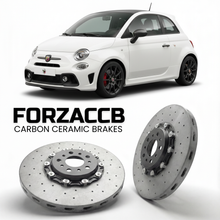 ForzaCCB direct OEM replacement carbon ceramic brake rotors for 2016 and newer Abarth 595 facelift 2016 models, shown with a white Abarth 595 car.