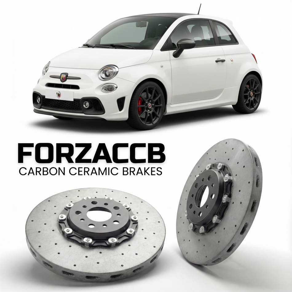 ForzaCCB direct OEM replacement carbon ceramic brake rotors for 2016 and newer Abarth 595 facelift 2016 models, shown with a white Abarth 595 car.