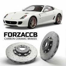 ForzaCCB direct OEM replacement carbon ceramic brake rotors for 2006 to 2012 Ferrari 599 GTB Fiorano models, shown with a white Ferrari 599 GTB Fiorano car.