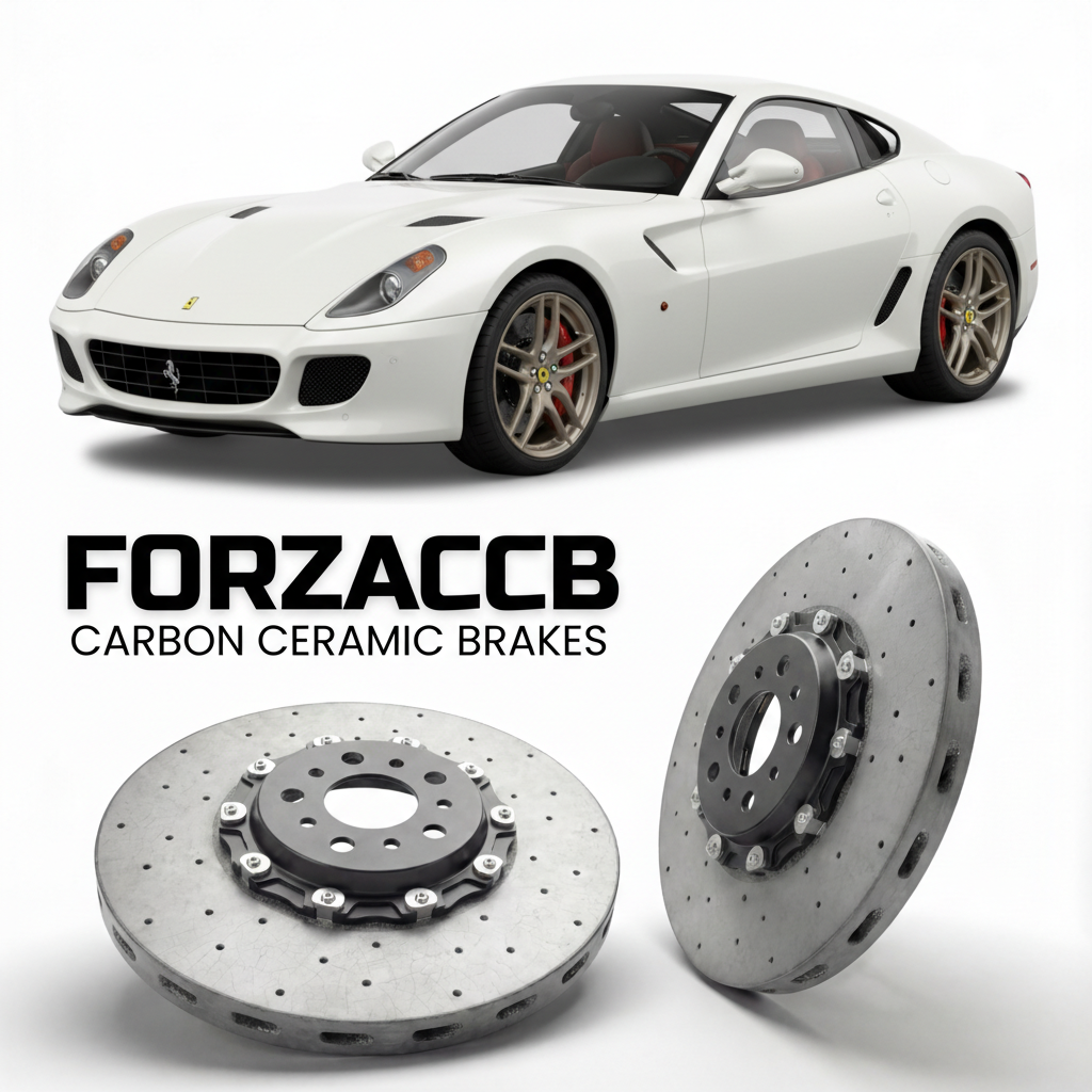 ForzaCCB direct OEM replacement carbon ceramic brake rotors for 2006 to 2012 Ferrari 599 GTB Fiorano models, shown with a white Ferrari 599 GTB Fiorano car.