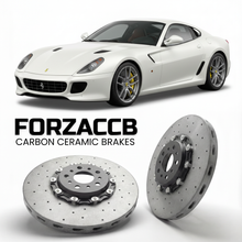 ForzaCCB direct OEM replacement carbon ceramic brake rotors for 2010 to 2011 Ferrari 599 GTO models, shown with a white Ferrari 599 GTO car.