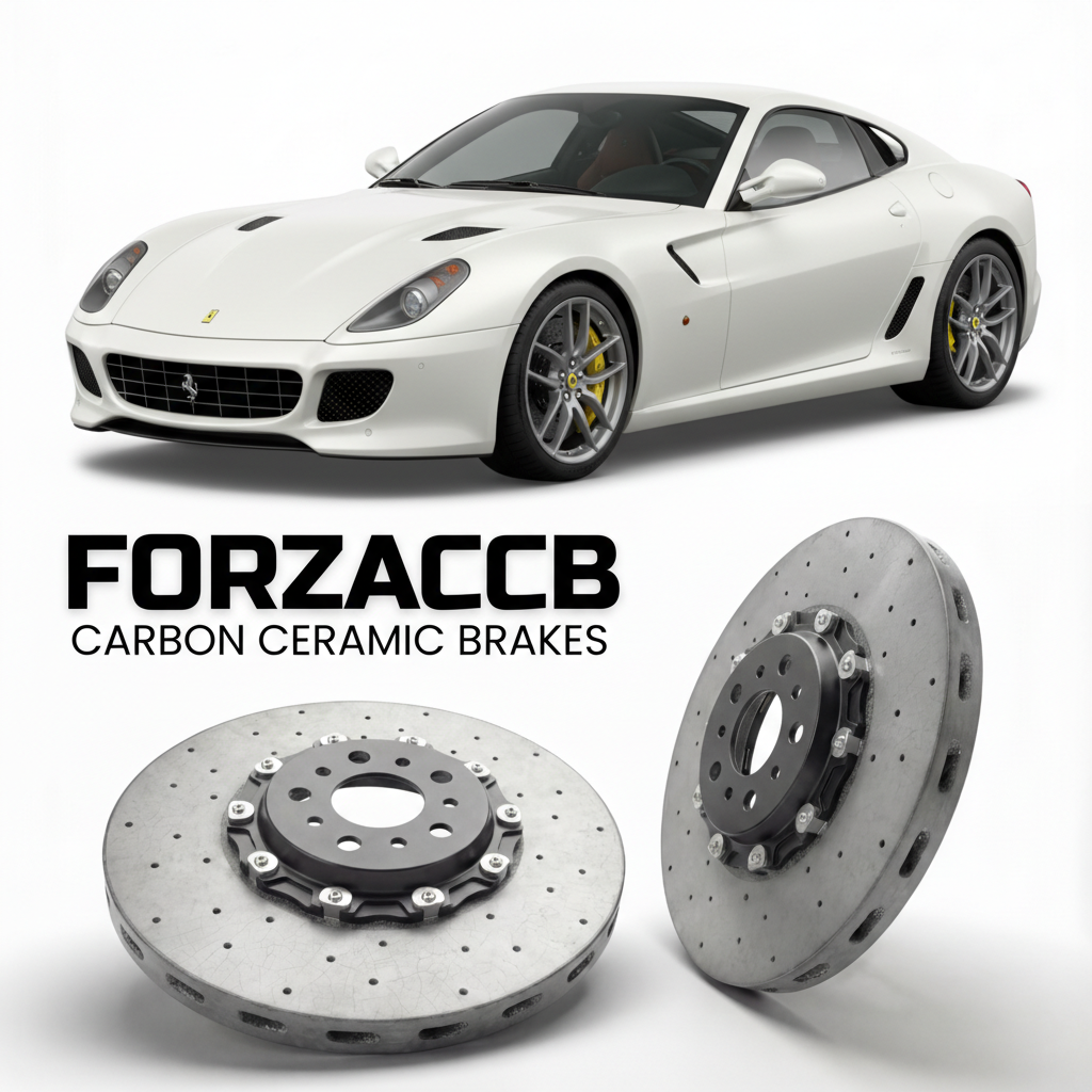 ForzaCCB direct OEM replacement carbon ceramic brake rotors for 2010 to 2011 Ferrari 599 GTO models, shown with a white Ferrari 599 GTO car.