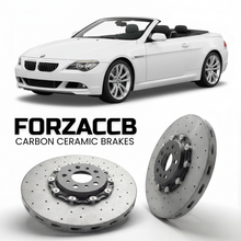 ForzaCCB direct OEM replacement carbon ceramic brake rotors for 2004 to 2010 BMW 6-Series Convertible E64 models, shown with a white BMW 6-Series Convertible car.