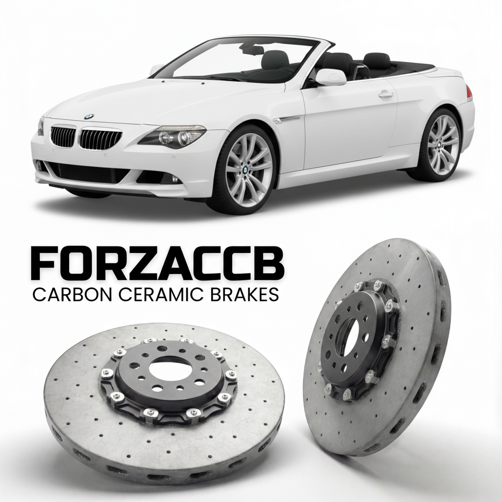 ForzaCCB direct OEM replacement carbon ceramic brake rotors for 2004 to 2010 BMW 6-Series Convertible E64 models, shown with a white BMW 6-Series Convertible car.