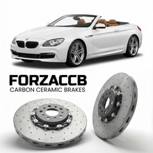ForzaCCB direct OEM replacement carbon ceramic brake rotors for 2011 to 2018 BMW 6-Series Convertible F12 models, shown with a white BMW 6-Series Convertible car.