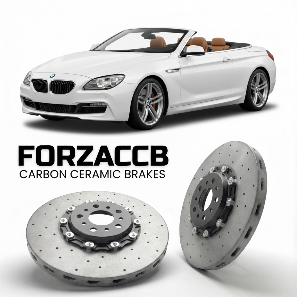 ForzaCCB direct OEM replacement carbon ceramic brake rotors for 2011 to 2018 BMW 6-Series Convertible F12 models, shown with a white BMW 6-Series Convertible car.